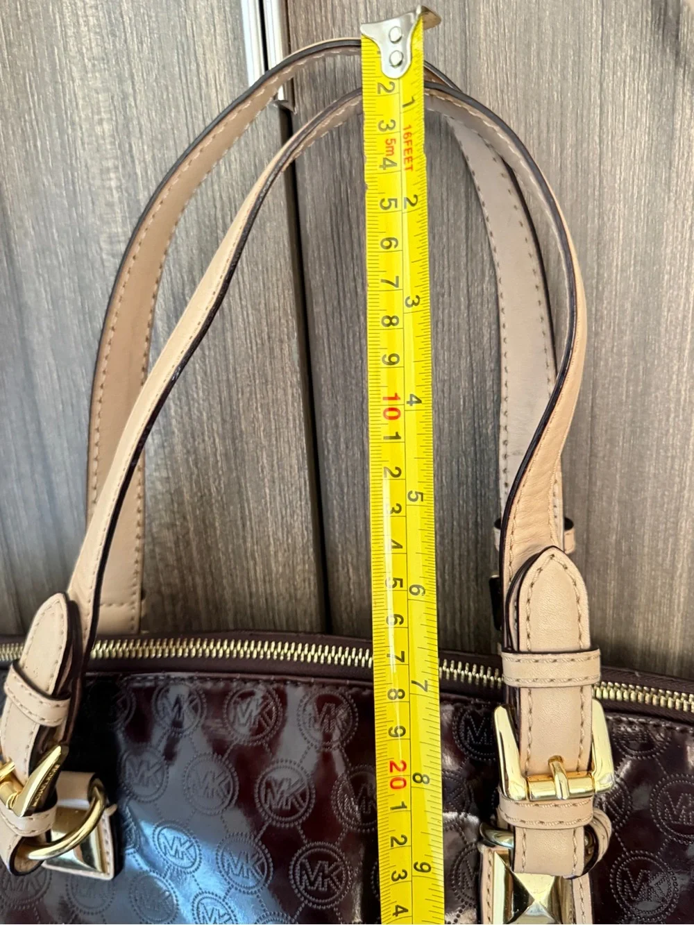 Michael Kors Jet Set Tote Satchel Bag Mono Patent Signature Logo Coffee